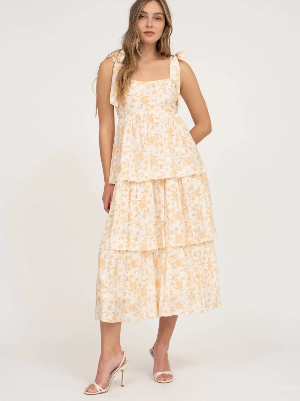 Tiered Floral Midi Dress with Tie-Strap Shoulders - Apricot